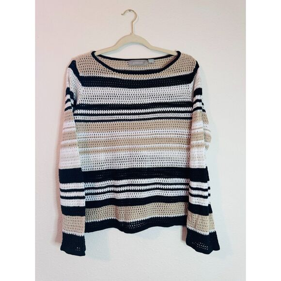 Liz Claiborne Striped Crochet Knit Linen Blend Pullover Sweater XL - Picture 3 of 6